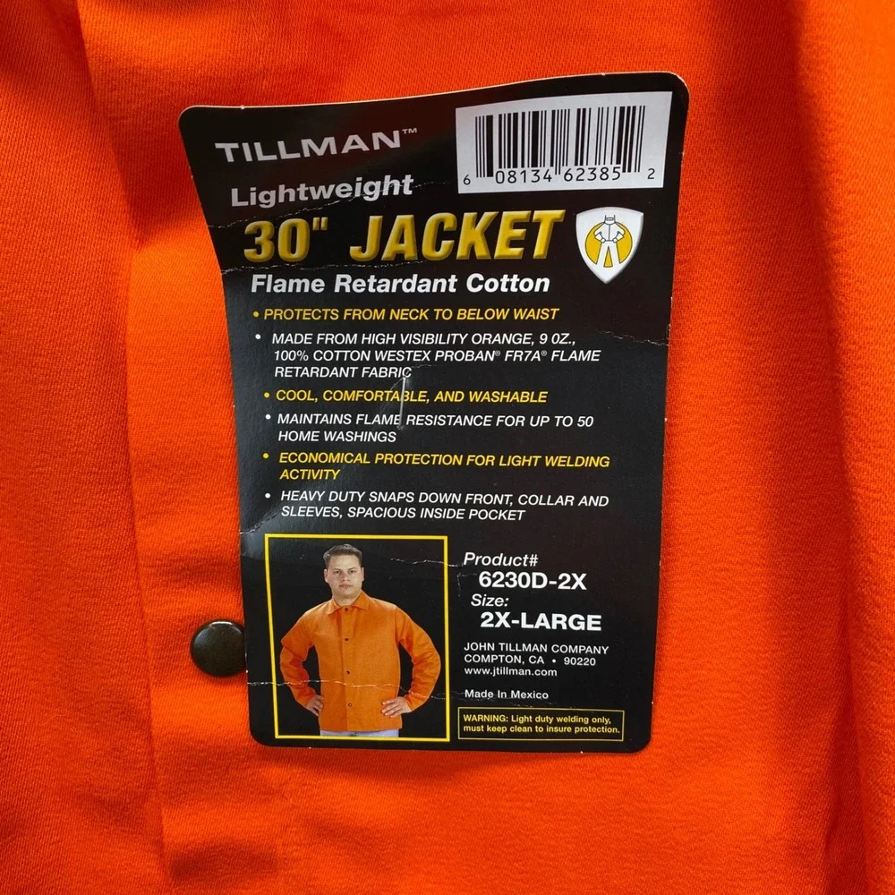 Tillman 6230D Welding Jacket Mens 2XL Orange Flame Retardant Cotton FR7A New
